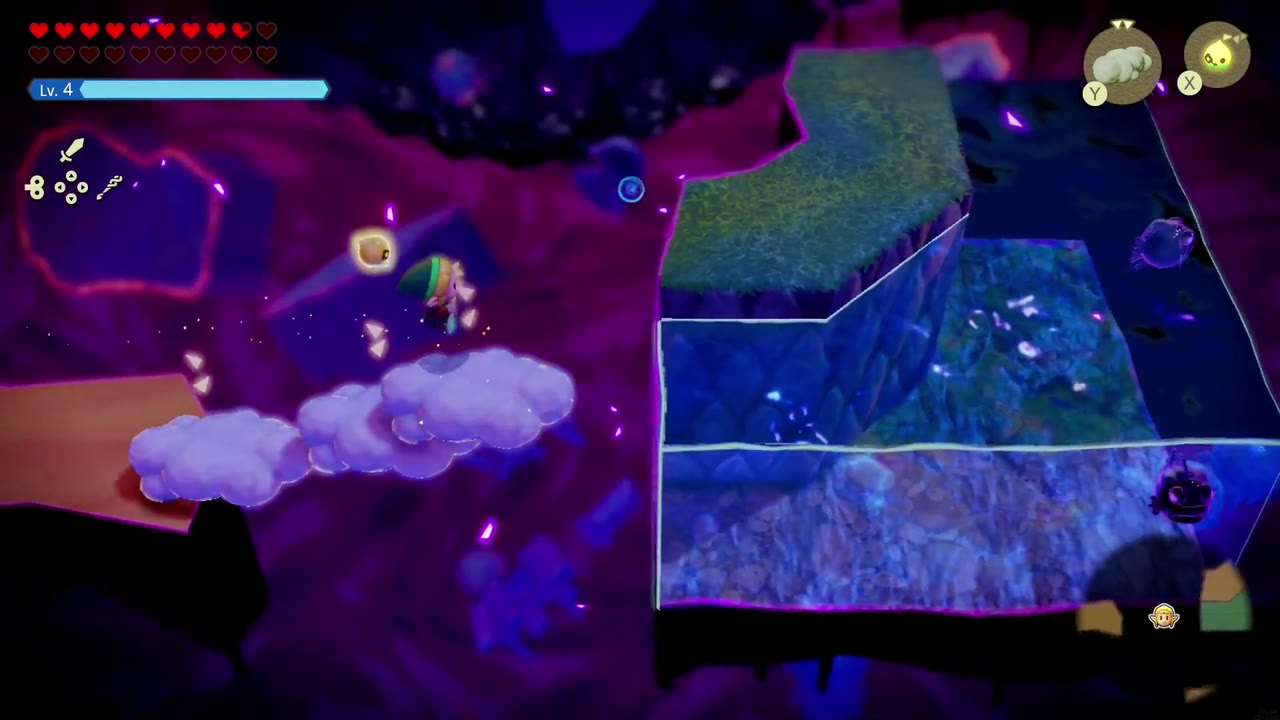 The Eternal Forest - The Legend of Zelda: Echoes of Wisdom Walkthrough 63 Cloud echoes lead Zelda toward a tall column of water blocks topped with grass in the Stilled Ancient Ruins.