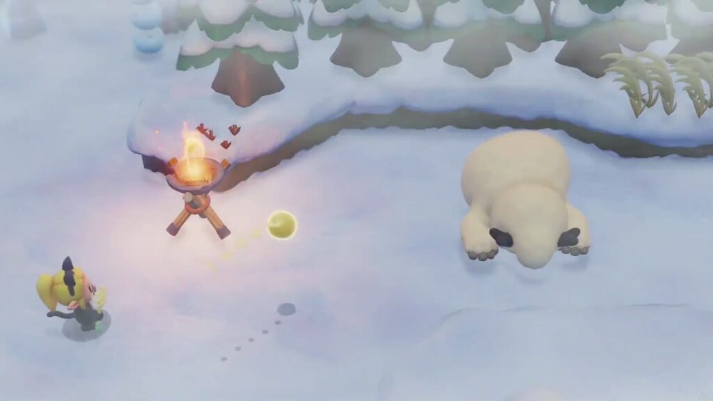 Hebra Mountain: A Rift on Holy Mount Lanayru - The Legend of Zelda: Echoes of Wisdom Walkthrough 28 Condé lies asleep in the snow beside a lit brazier on Hebra Mountain, waiting to be warmed up.