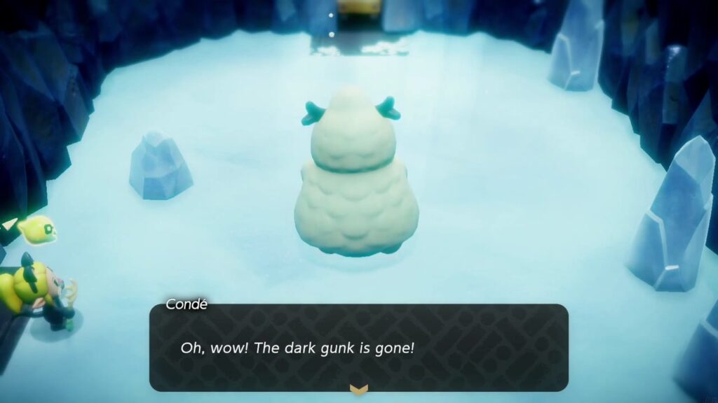 Hebra Mountain: A Rift on Holy Mount Lanayru - The Legend of Zelda: Echoes of Wisdom Walkthrough 45 Back in the ice cave chamber, Condé cheers that the dark gunk is gone after the rift closes.