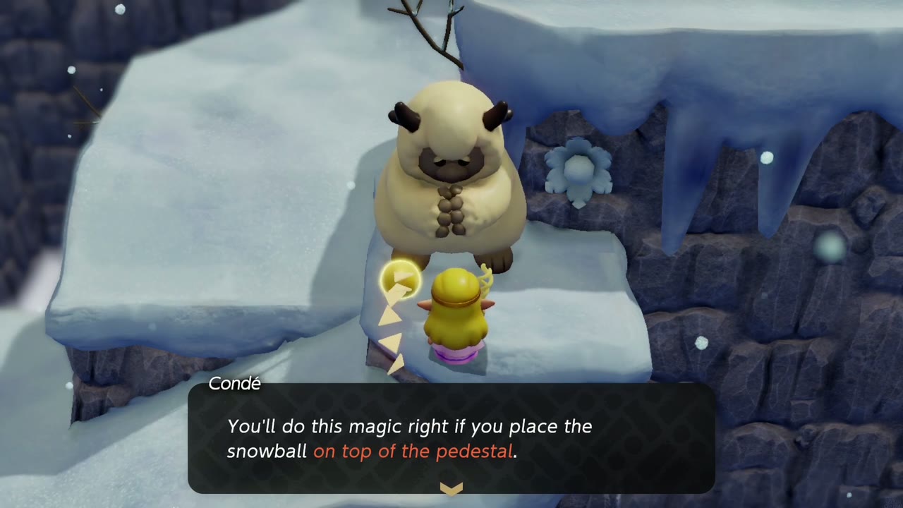 Snowball Magic: Condé tells Zelda to place the snowball on top of the pedestal on Hebra Mountain. Snowball Magic: Condé tells Zelda to place the snowball on top of the pedestal on Hebra Mountain.