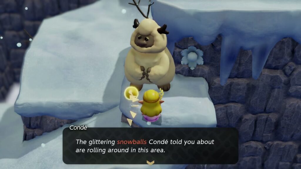 Hebra Mountain: A Rift on Holy Mount Lanayru - The Legend of Zelda: Echoes of Wisdom Walkthrough 111 Outside on Hebra Mountain, Condé points out the glittering snowballs that start the Snowball Magic side quest.
