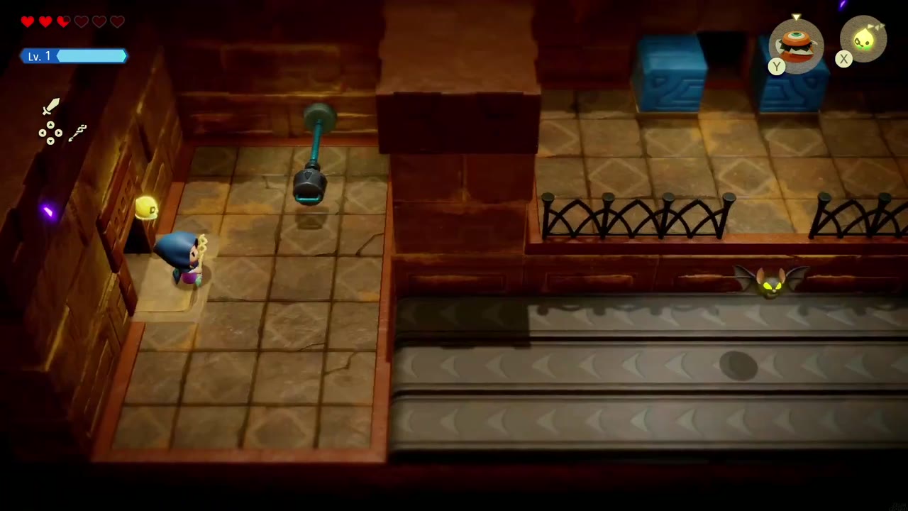 Gerudo Sanctum Dungeon - The Legend of Zelda: Echoes of Wisdom Walkthrough 18 The right room's conveyor lane runs below a fenced ledge, with two blue cubes blocking the exit doorway.