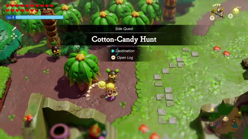 A Rift in the Faron Wetlands - The Legend of Zelda: Echoes of Wisdom Walkthrough 67 Cotton-Candy Hunt banner beside the cotton-candy-loyal Deku Scrub in Scrubton, where the side quest begins.