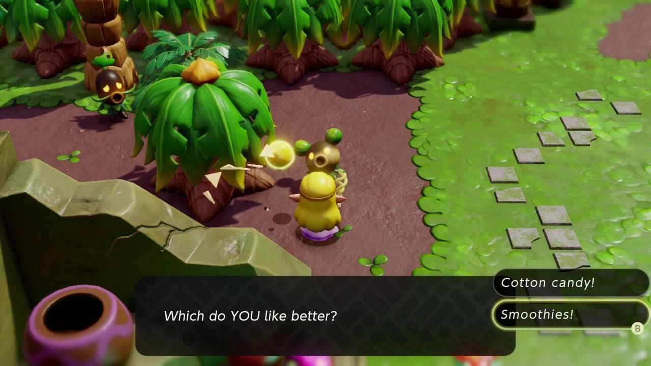 The Scrubton Deku Scrub asks which Zelda likes better, offering the choices Cotton candy! and Smoothies! The Scrubton Deku Scrub asks which Zelda likes better, offering the choices Cotton candy! and Smoothies!