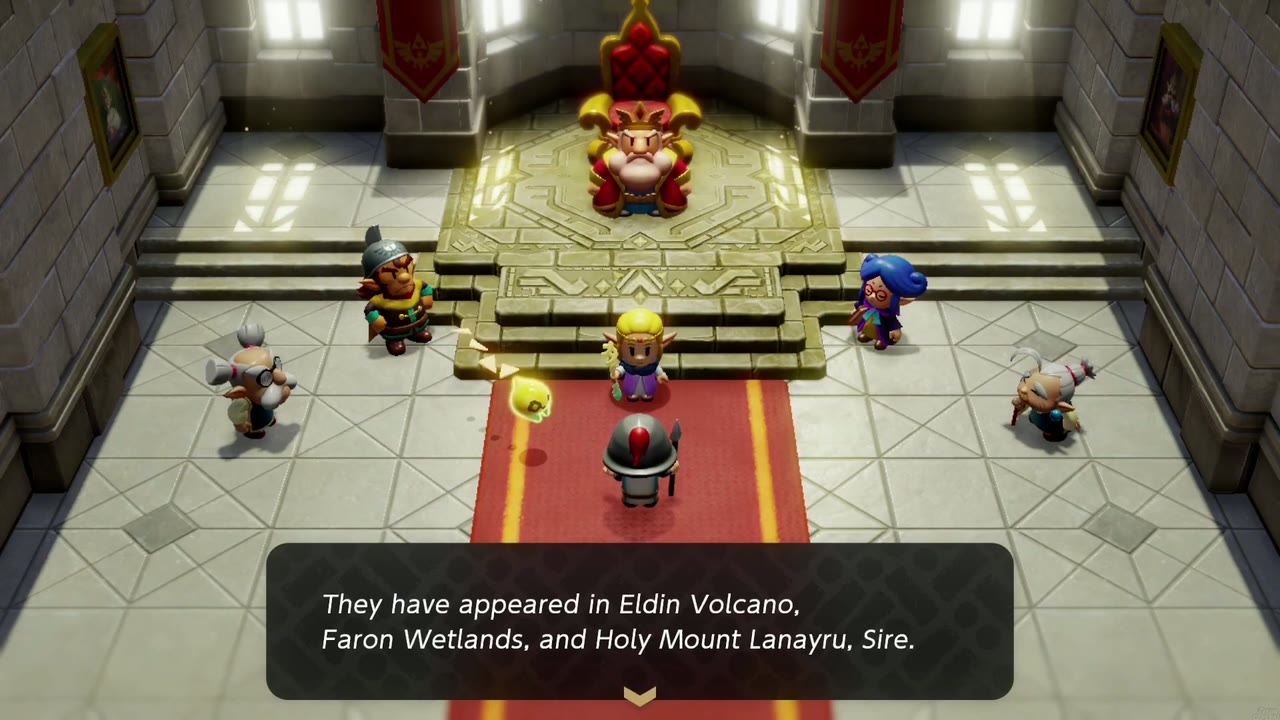 Hyrule Castle: Still Missing - The Legend of Zelda: Echoes of Wisdom Walkthrough 125 In the throne-room council, the new rifts are named: Eldin Volcano, Faron Wetlands and Holy Mount Lanayru.