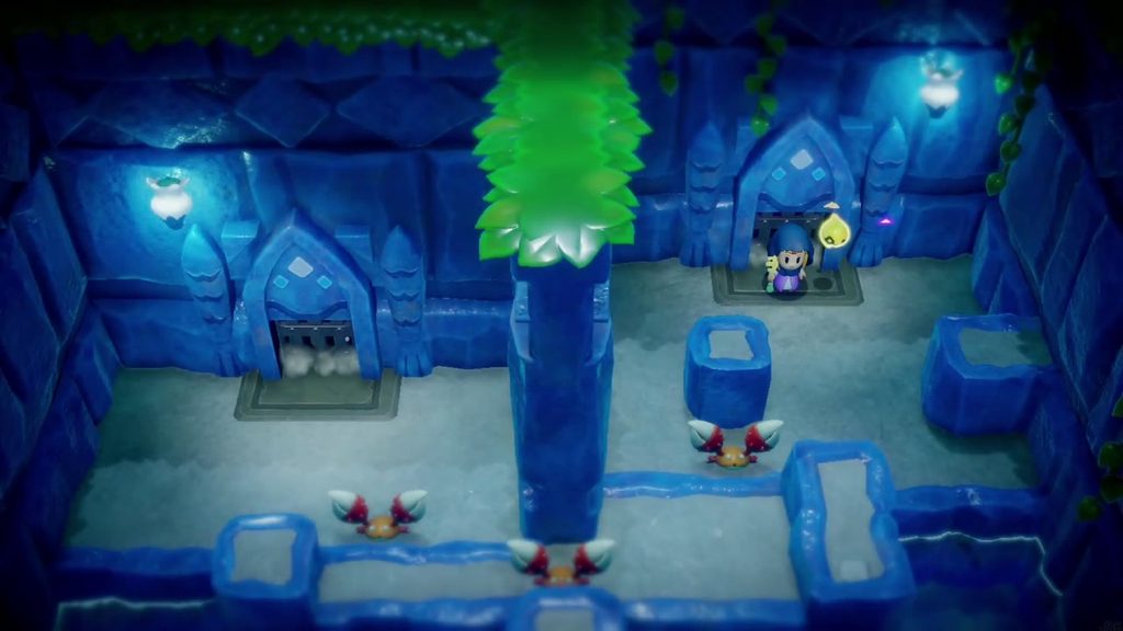 The doors bar behind Zelda as red-clawed crab enemies scuttle toward her in the Zora-mural room.