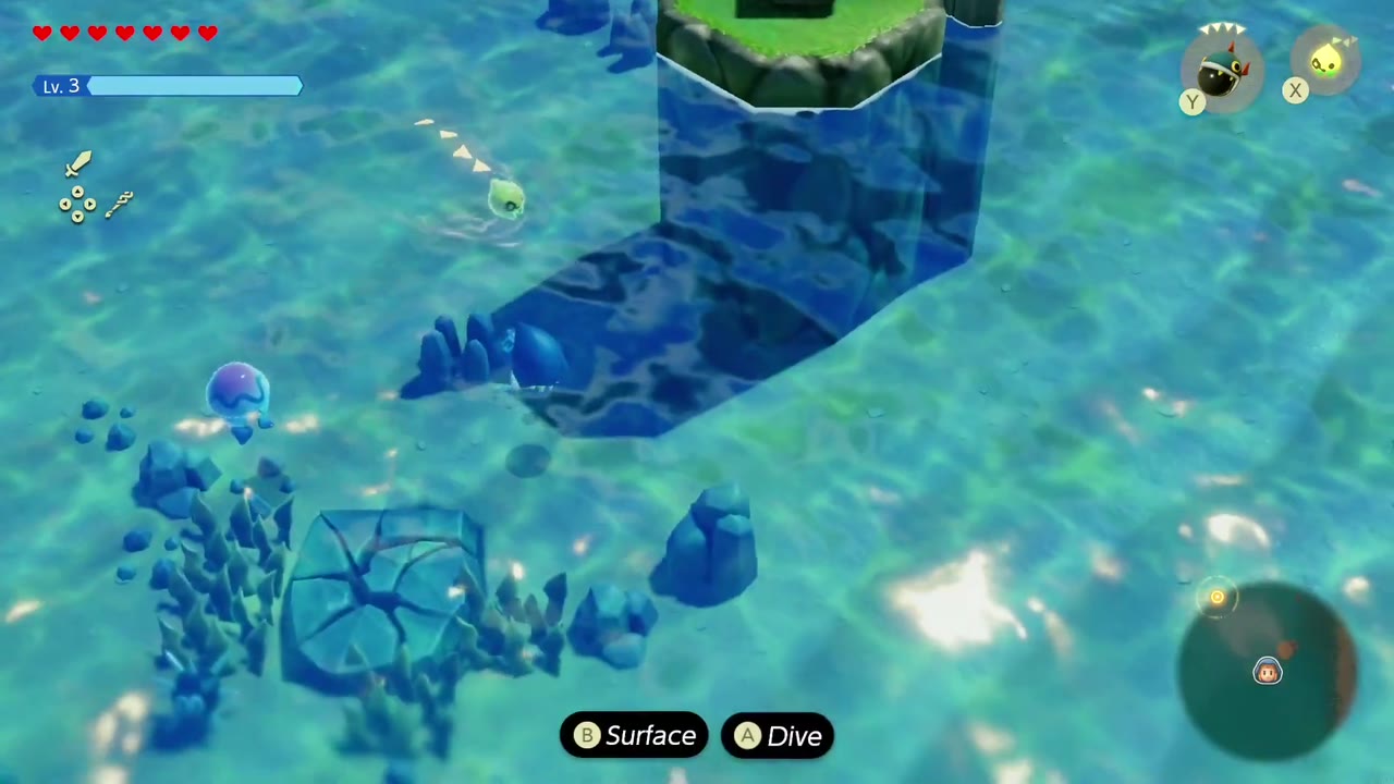 The Jabul Waters Rift - The Legend of Zelda: Echoes of Wisdom Walkthrough 99 Diving in Zora Cove by the waypoint islet, Zelda nears a cracked boulder on the seabed among the seaweed.