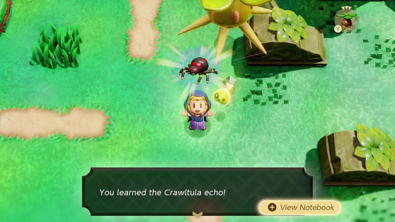 Zelda encapuzada aprende o eco da Crawltula entre rochas cobertas de musgo na pradaria ocidental de Suthorn. Zelda encapuzada aprende o eco da Crawltula entre rochas cobertas de musgo na pradaria ocidental de Suthorn.