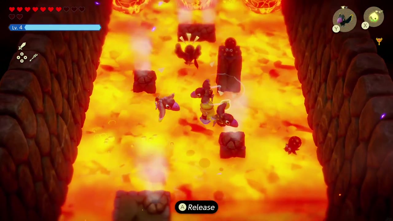 Eldin Temple Dungeon - The Legend of Zelda: Echoes of Wisdom Walkthrough 47 Holding a Crow echo, Zelda floats over the lava past Fire Keese toward the stone posts in Eldin Temple.