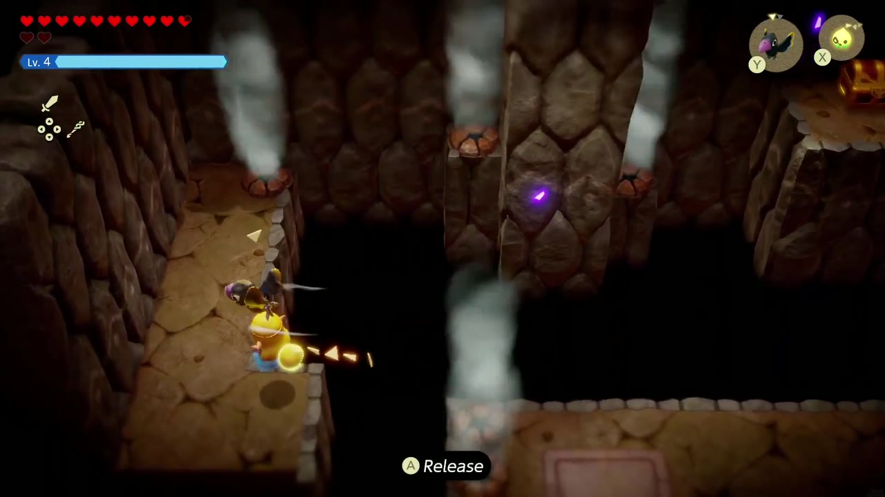 Eldin Temple Dungeon - The Legend of Zelda: Echoes of Wisdom Walkthrough 12 Zelda holds a Crow echo overhead and floats on steam vents above the dark pit in Eldin Temple.