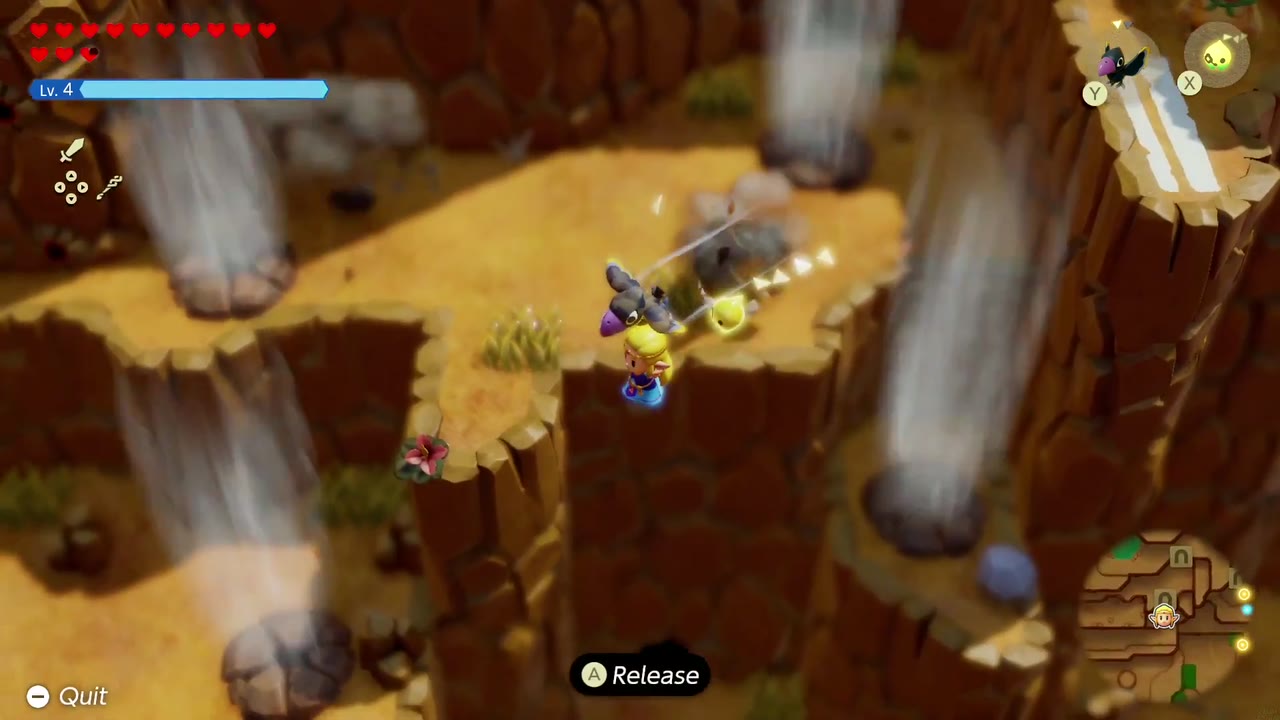 Zelda hangs from the Crow as it carries her off the pillar between steam columns. Zelda hangs from the Crow as it carries her off the pillar between steam columns.
