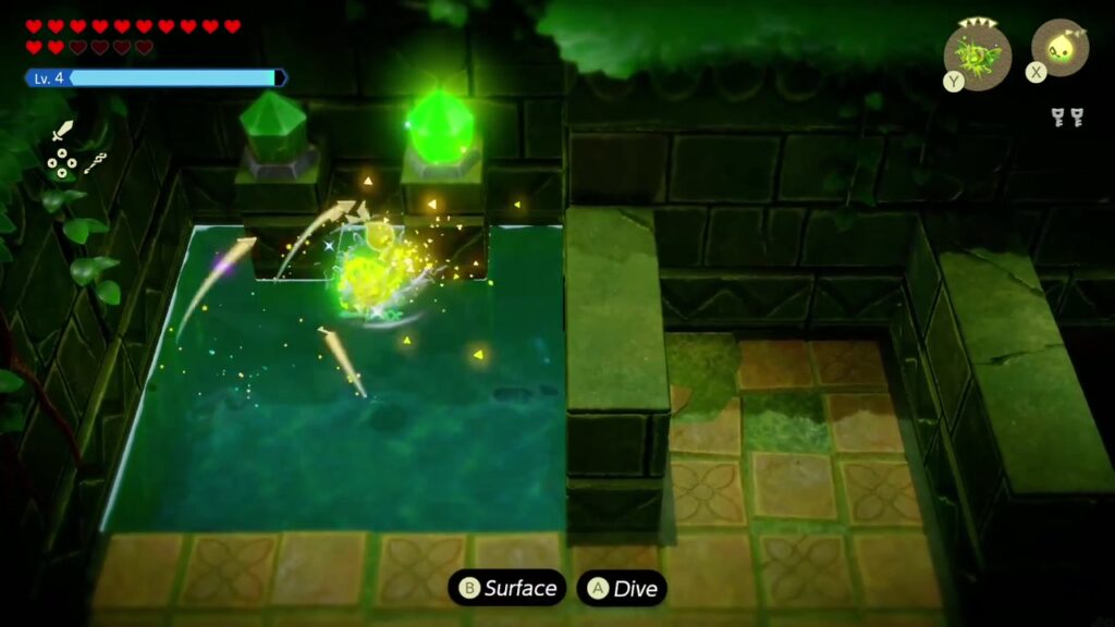 Faron Temple Dungeon - The Legend of Zelda: Echoes of Wisdom Walkthrough 37 Zelda swims in the crystal room's pool as an electric echo strikes a green crystal switch.