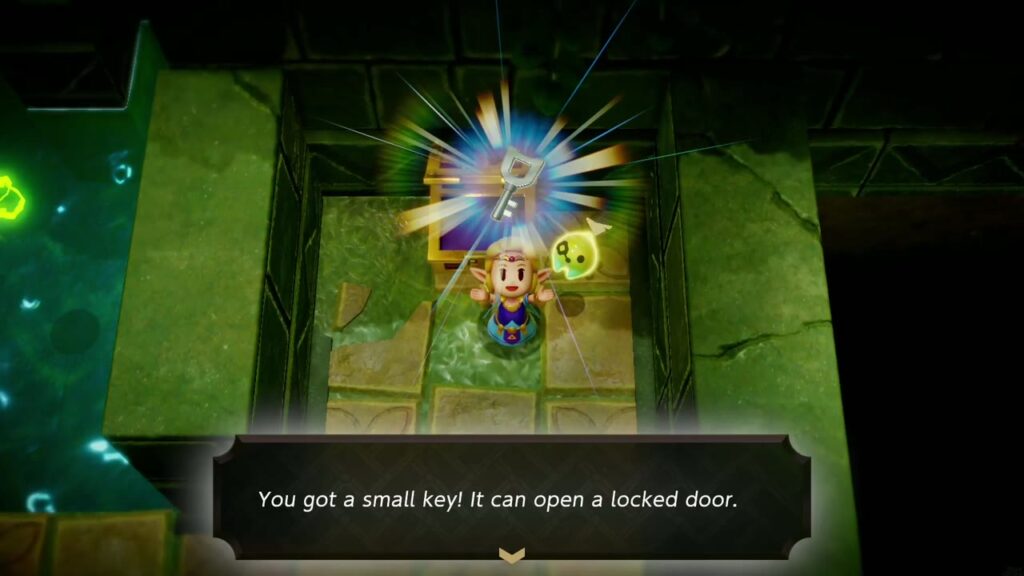 Faron Temple Dungeon - The Legend of Zelda: Echoes of Wisdom Walkthrough 38 Zelda holds up a Small Key from the chest in the alcove of the green crystal pit room.