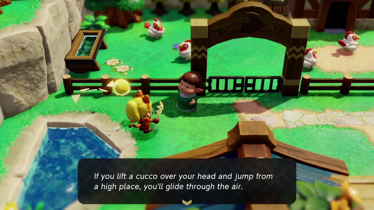 Cuccos on the Loose - The Legend of Zelda: Echoes of Wisdom Walkthrough 14 The owner explains that lifting a cucco and jumping from a high place lets you glide.