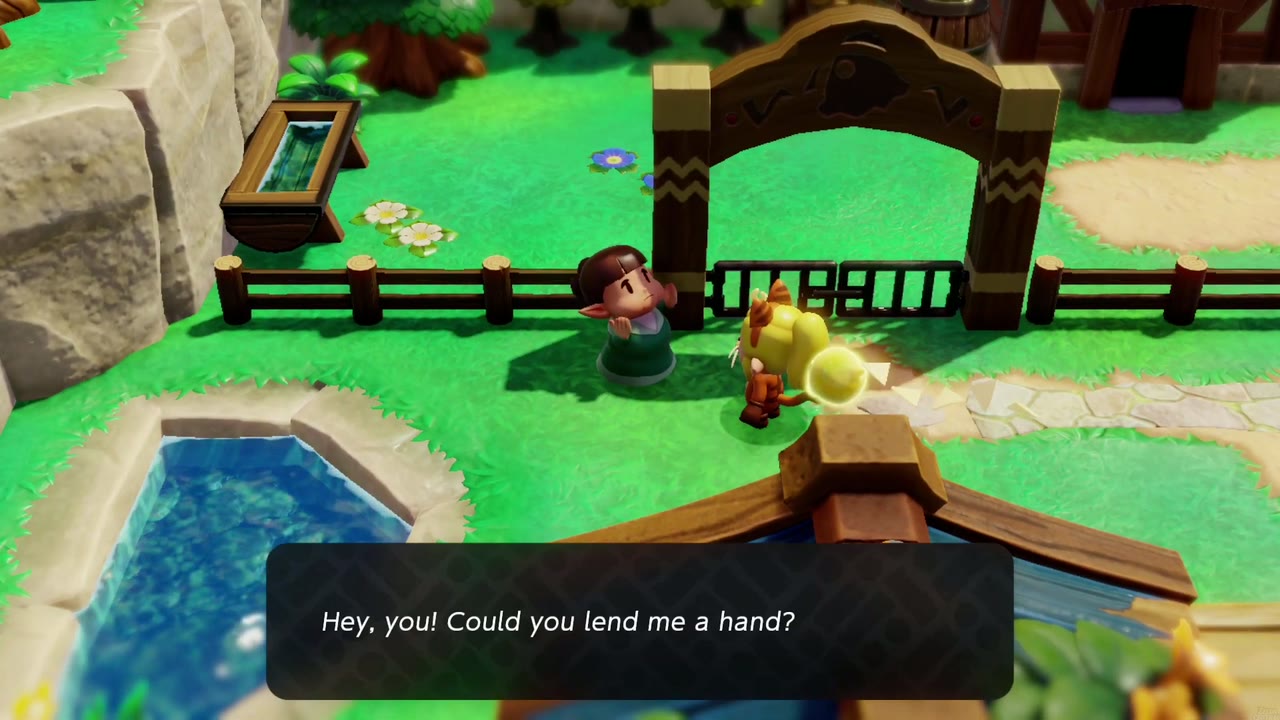 Cuccos on the Loose - The Legend of Zelda: Echoes of Wisdom Walkthrough 1 The cucco owner by the pond asks Zelda if she could lend her a hand.