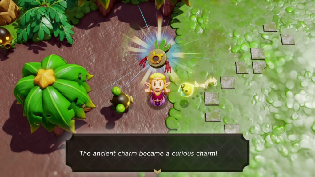 A Rift in the Faron Wetlands - The Legend of Zelda: Echoes of Wisdom Walkthrough 72 Back in Scrubton the scrub finishes the ancient charm, and Zelda holds up the curious charm.