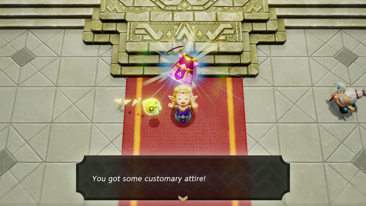 Zelda holds up the Customary Attire the King gives back to her in the Throne Room. Zelda holds up the Customary Attire the King gives back to her in the Throne Room.