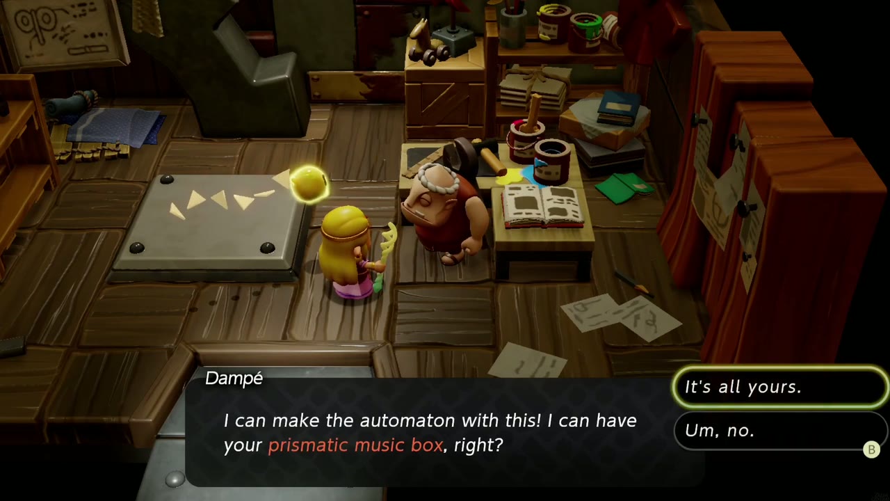 Dampé asks for Zelda's prismatic music box to build the Performance Artist! automaton. Dampé asks for Zelda's prismatic music box to build the Performance Artist! automaton.
