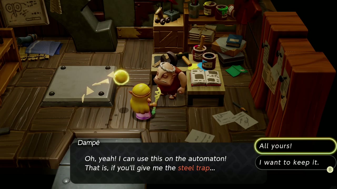 Dampé asks Zelda to hand over the steel trap to finish the Endless Stomach! automaton. Dampé asks Zelda to hand over the steel trap to finish the Endless Stomach! automaton.