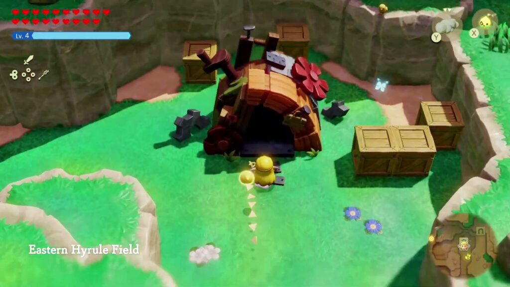 Automatons 5 Zelda outside Dampé's ramshackle studio, with the Eastern Hyrule Field area name on screen