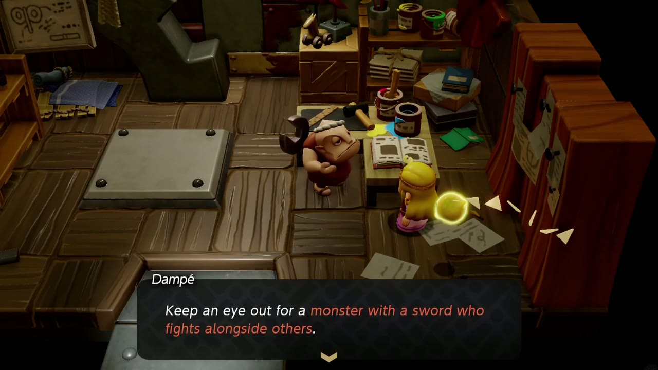 Dampé asks for a monster with a sword for the Chop 'em in Two! automaton. Dampé asks for a monster with a sword for the Chop 'em in Two! automaton.