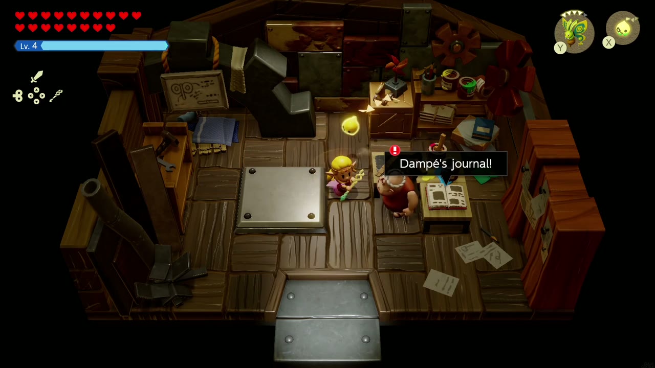 Explosions Galore! - The Legend of Zelda: Echoes of Wisdom Walkthrough 1 Zelda walks to Dampé's desk, where a Dampé's journal! marker floats over the open book.