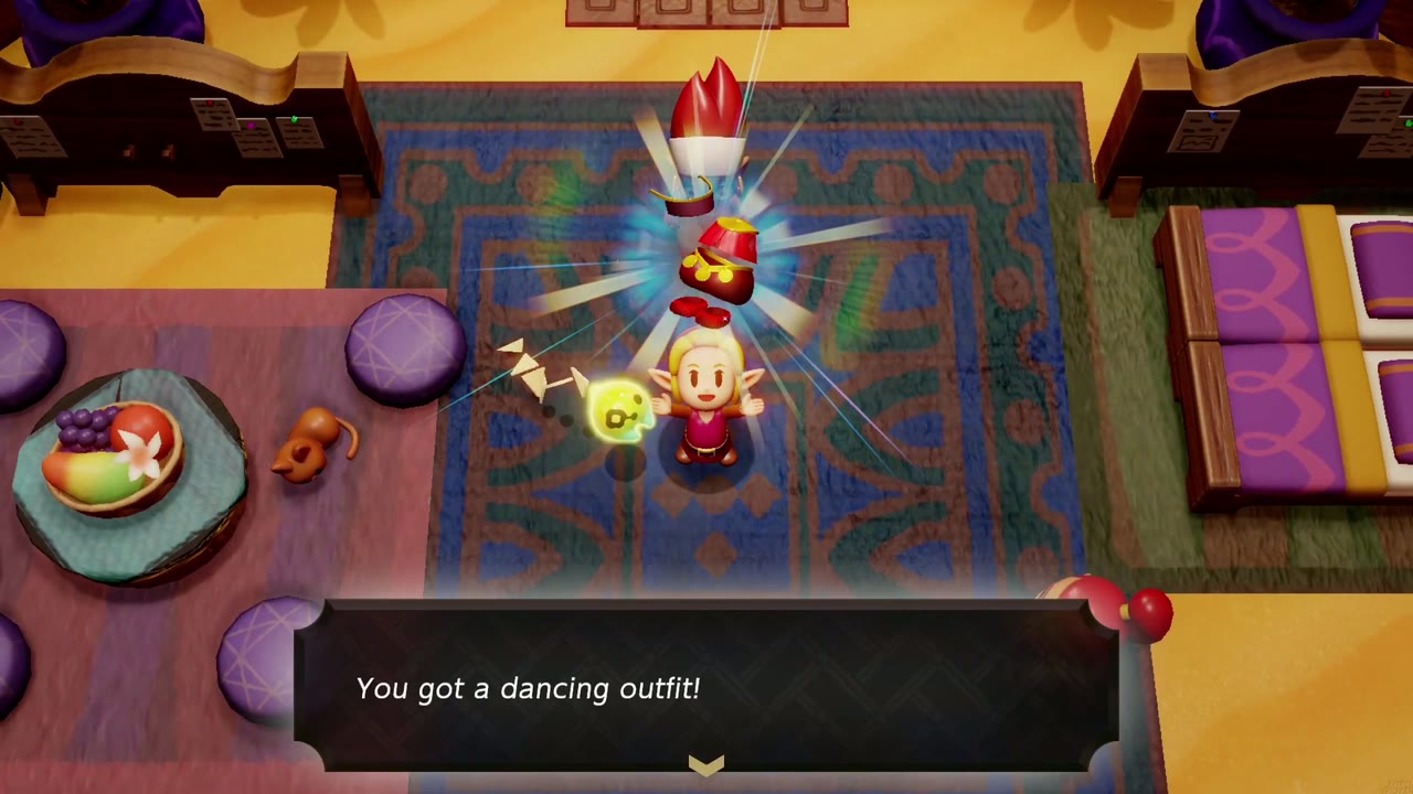 A Rift in the Gerudo Desert - The Legend of Zelda: Echoes of Wisdom Walkthrough 132 Zelda holds up the Dancing Outfit, the reward for her first Ultimate-seed Mango Rush clear.
