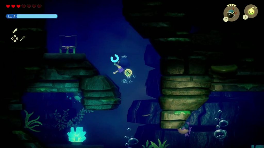 The Jabul Waters Rift - The Legend of Zelda: Echoes of Wisdom Walkthrough 47 Zelda swims through the dark side-view cave, lit only by patches of glowing coral.