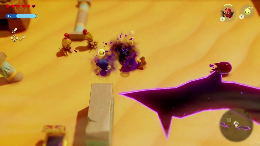 A Rift in the Gerudo Desert - The Legend of Zelda: Echoes of Wisdom Walkthrough 31 Dark monsters materialize in a cloud of purple smoke beside the soldiers at the Southern Oasis Ruins rift.