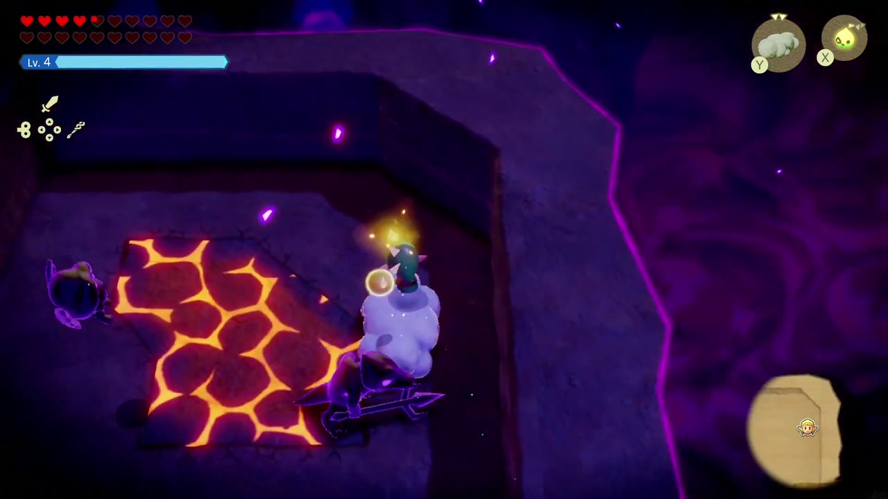 The Eternal Forest - The Legend of Zelda: Echoes of Wisdom Walkthrough 78 Zelda rides a Cloud along the dark rock paths past cracked lava floor in the Stilled Ancient Ruins.