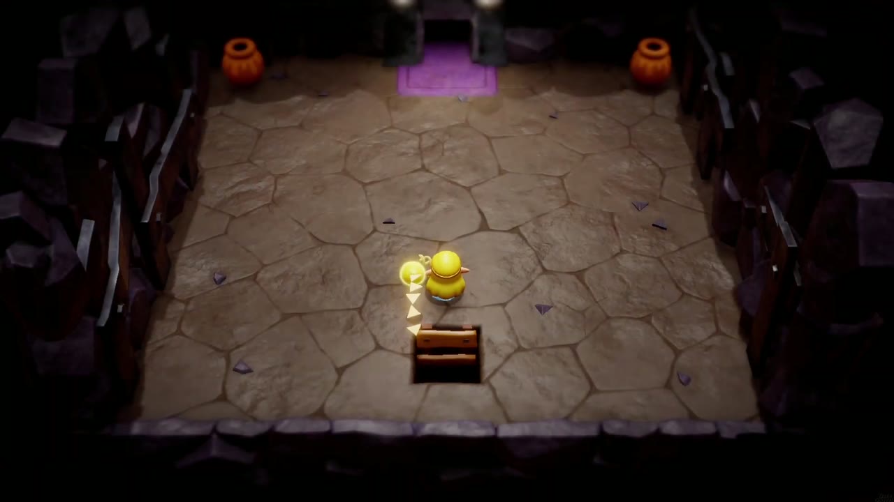 A Mountainous Mystery - The Legend of Zelda: Echoes of Wisdom Walkthrough 25 Zelda enters a dark stone room with pots and a purple doorway at the far end.