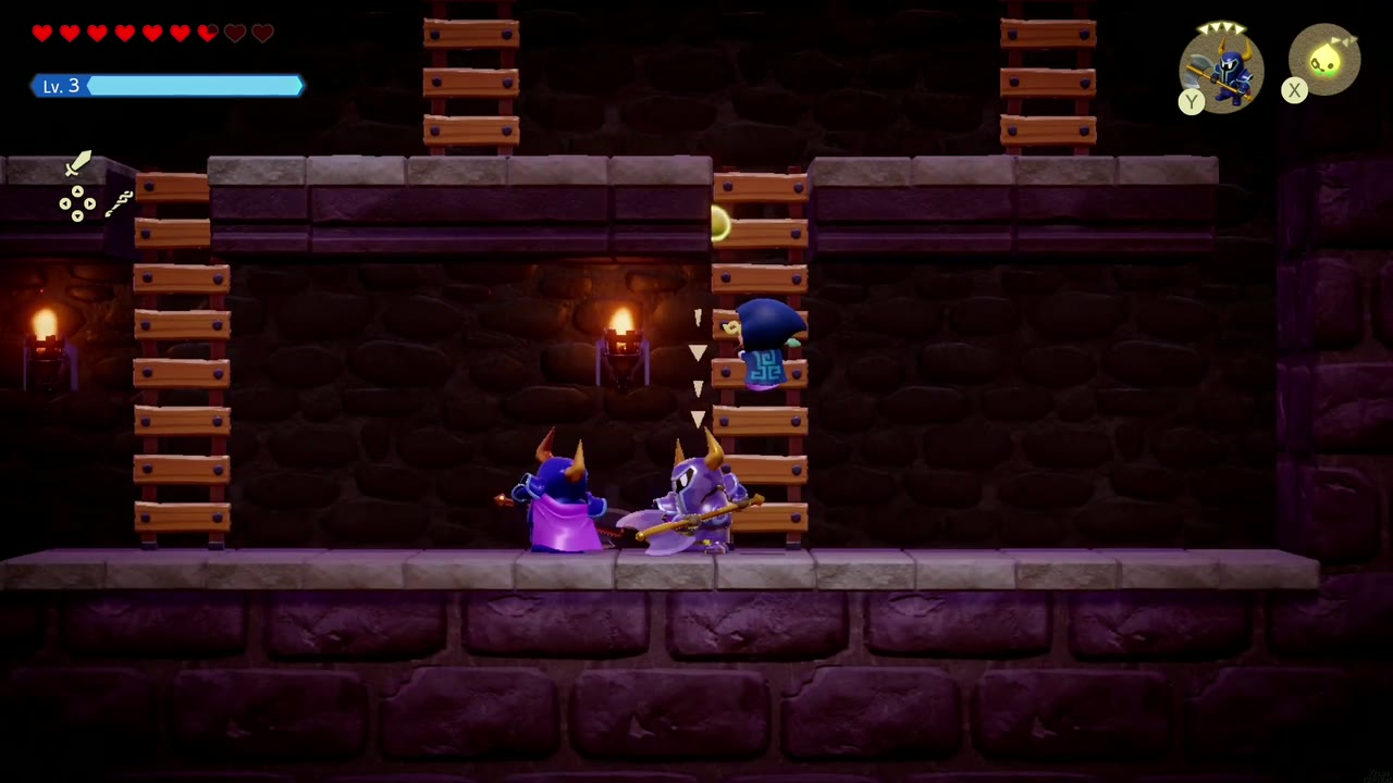 Hyrule Castle: Still Missing - The Legend of Zelda: Echoes of Wisdom Walkthrough 61 A summoned Darknut echo duels a Darknut on a lower landing of the side-view ladder stairwell in Stilled Hyrule Castle.