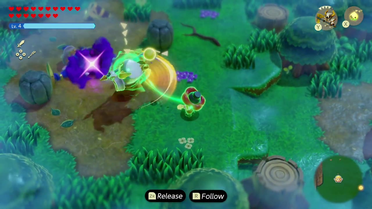 The Eternal Forest - The Legend of Zelda: Echoes of Wisdom Walkthrough 18 A summoned Darknut echo strikes an enemy in an Eternal Forest clearing while Zelda stands back.