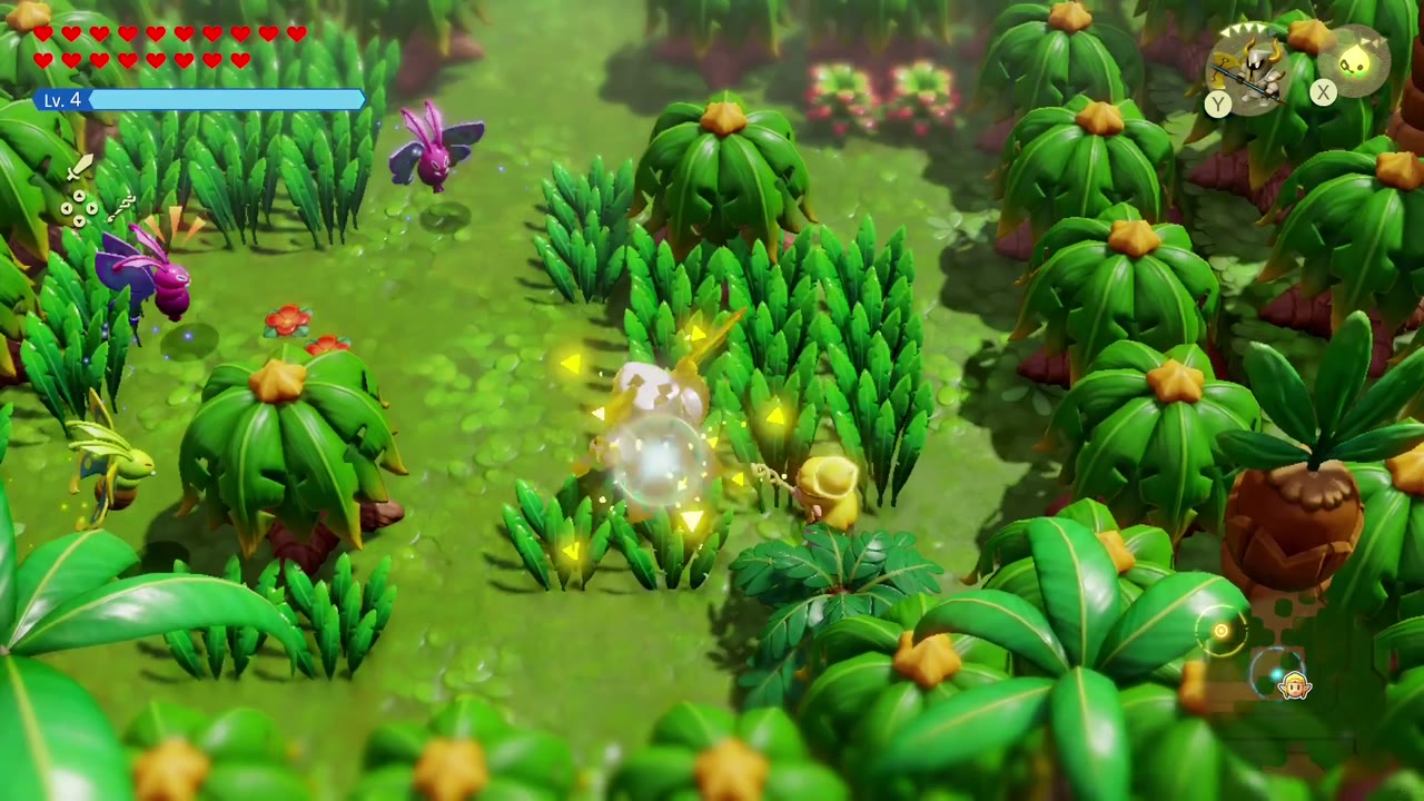 A Darknut echo attacks purple Mothulas among the jungle shrubs as Zelda follows. A Darknut echo attacks purple Mothulas among the jungle shrubs as Zelda follows.