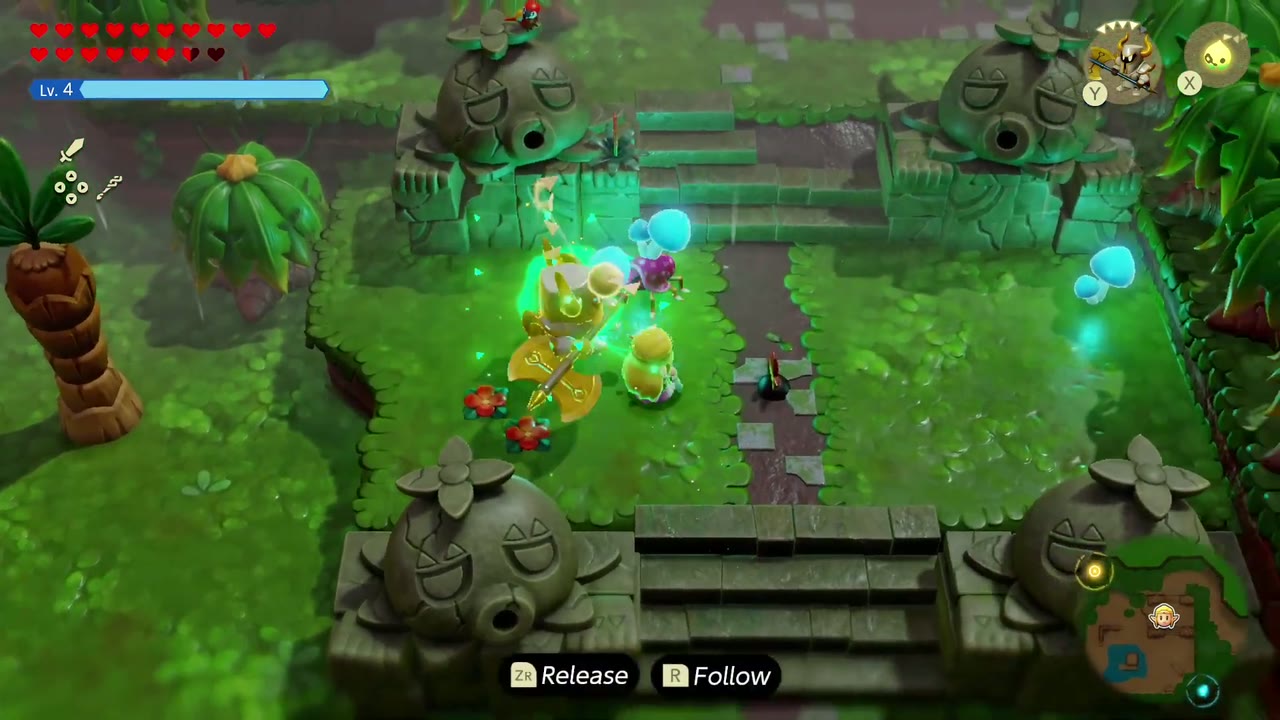 A summoned Darknut echo fights a lurking monster in the clearing between the four stone heads. A summoned Darknut echo fights a lurking monster in the clearing between the four stone heads.