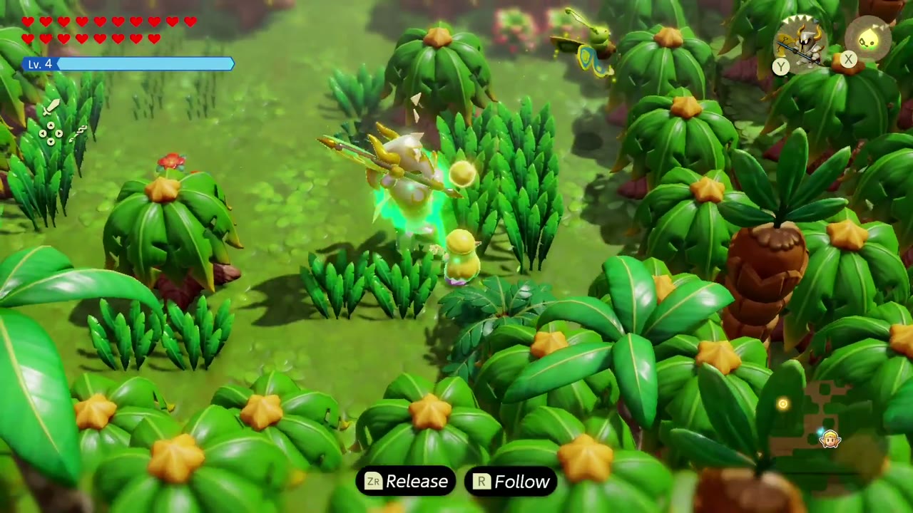 The Darknut echo swings its sword at a Mothula in the tall grass while Zelda stays close behind. The Darknut echo swings its sword at a Mothula in the tall grass while Zelda stays close behind.