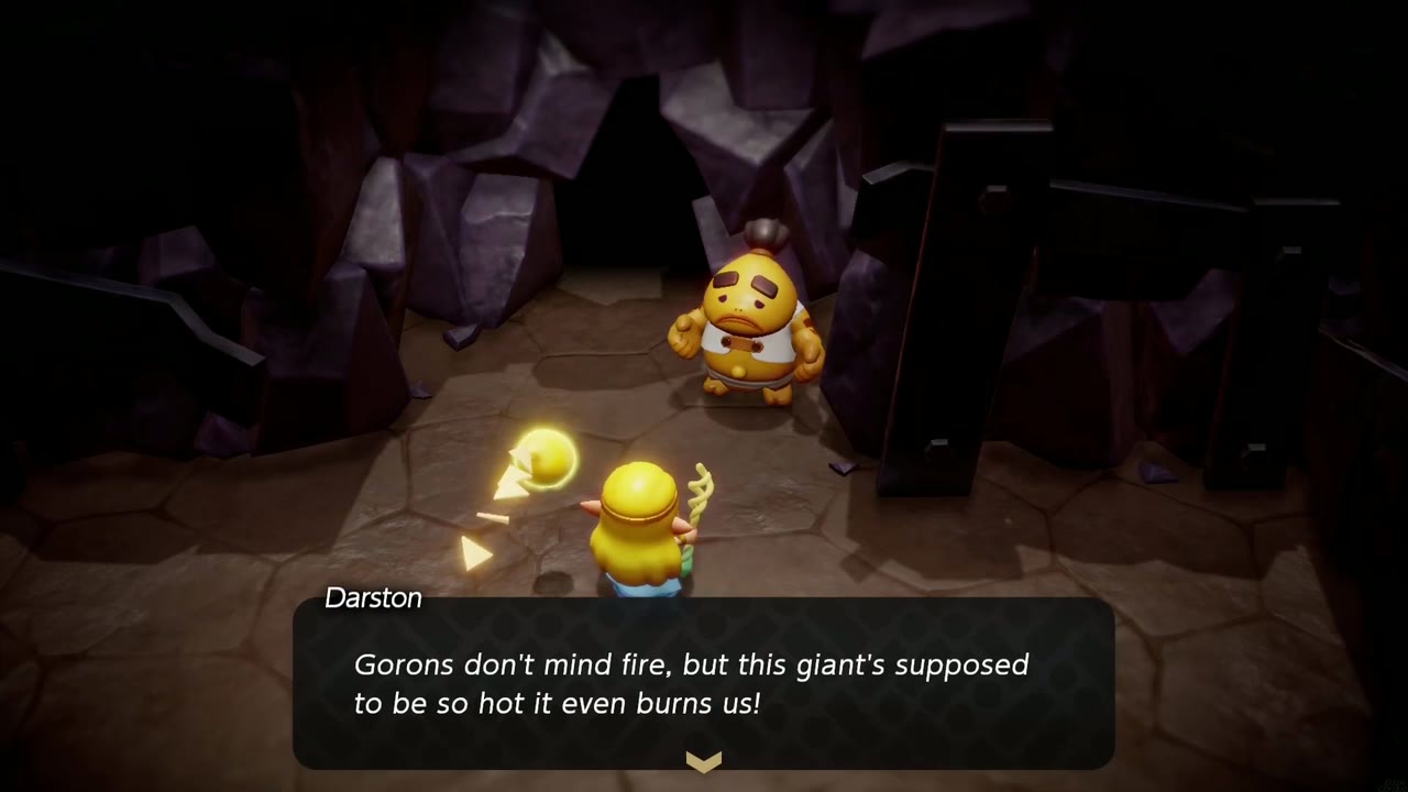 Darston tells Zelda the legend of the flame giant inside Eldin Volcano. Darston tells Zelda the legend of the flame giant inside Eldin Volcano.