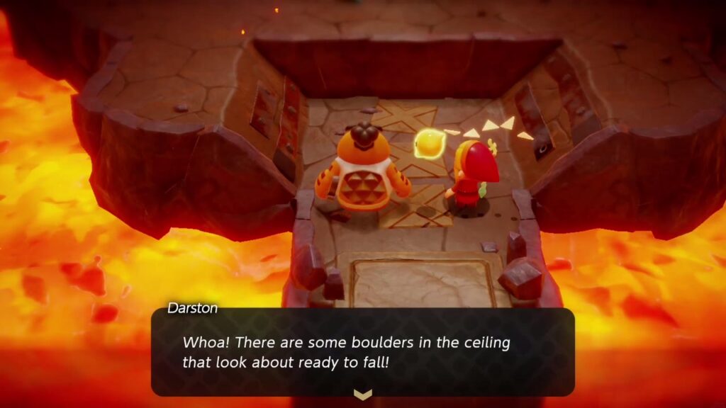 The Rift on Eldin Volcano - The Legend of Zelda: Echoes of Wisdom Walkthrough 50 Darston spots ceiling boulders above the dark Lizalfos arena in Lizalfos Burrow, ready to drop on the pack.