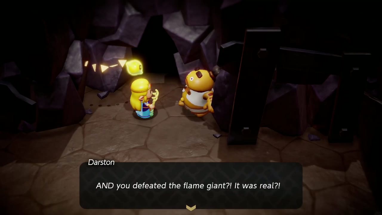 Chief Darston in the dark Summit Cave asks Zelda if she really defeated the flame giant Chief Darston in the dark Summit Cave asks Zelda if she really defeated the flame giant