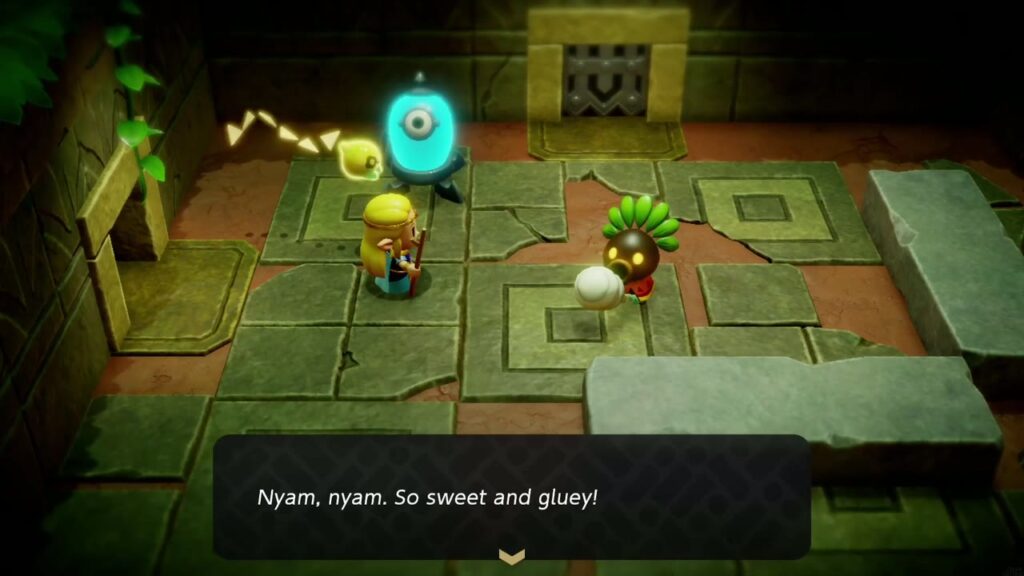 A Rift in the Faron Wetlands - The Legend of Zelda: Echoes of Wisdom Walkthrough 44 A Deku guard chews cotton candy off the Tri Rod in the lockup's last room: "Nyam, nyam. So sweet and gluey!"