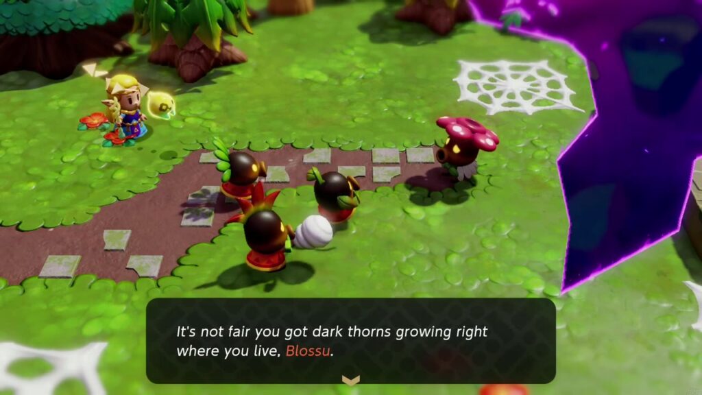 A Rift in the Faron Wetlands - The Legend of Zelda: Echoes of Wisdom Walkthrough 21 Deku Scrubs gather by the rift that has swallowed Blossu's house in the southern Faron Wetlands.