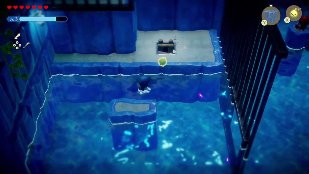 Zelda dives off the ledge near the caged switch room into the flooded passage.
