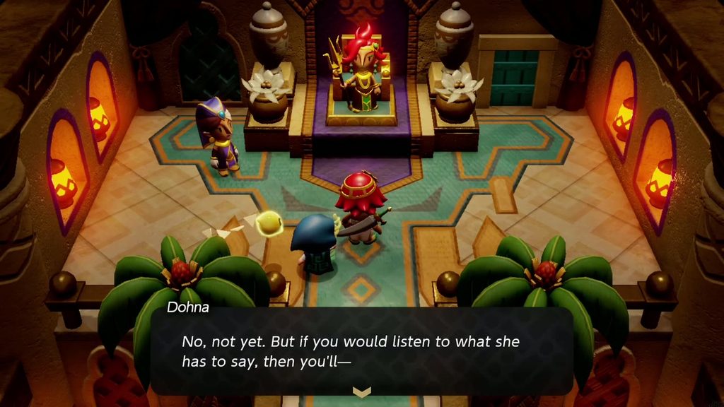 A Rift in the Gerudo Desert - The Legend of Zelda: Echoes of Wisdom Walkthrough 59 Dohna defends Zelda before Chief Seera and Facette in the Gerudo Palace throne room.