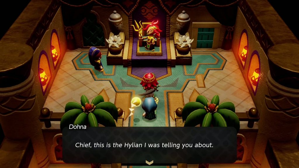 A Rift in the Gerudo Desert - The Legend of Zelda: Echoes of Wisdom Walkthrough 23 In the Gerudo Palace throne room, Dohna introduces Zelda to Chief Seera, with advisor Facette beside the throne.
