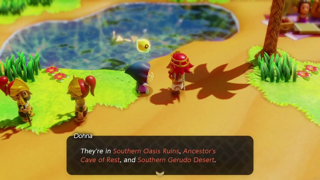 A Rift in the Gerudo Desert - The Legend of Zelda: Echoes of Wisdom Walkthrough 26 By the Oasis pond, Dohna lists the three rifts: Southern Oasis Ruins, Ancestor's Cave of Rest and Southern Gerudo Desert.