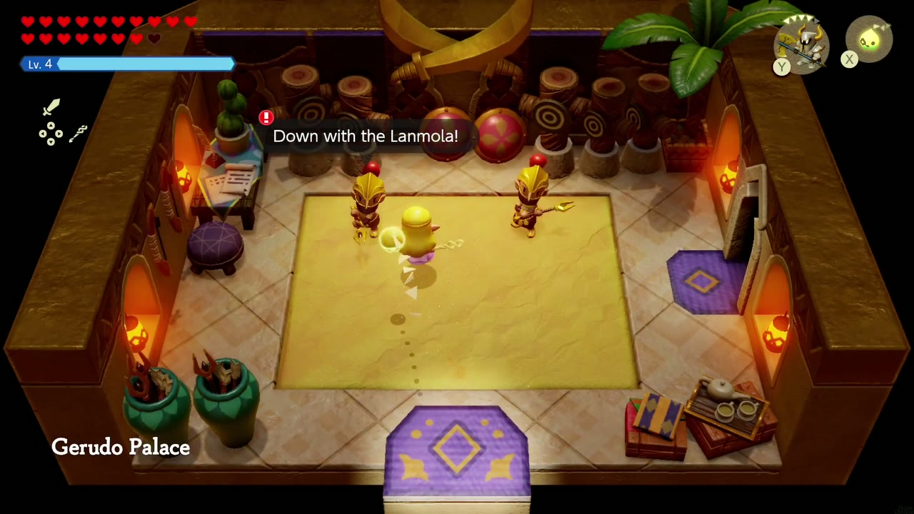 Two gold-armoured soldiers in the Gerudo Palace training room, one with the bubble "Down with the Lanmola!" Two gold-armoured soldiers in the Gerudo Palace training room, one with the bubble "Down with the Lanmola!"