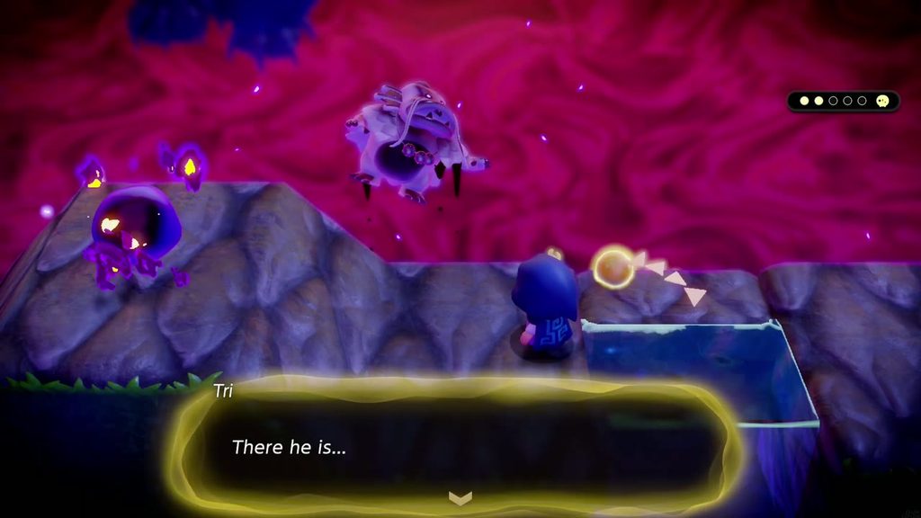 The Jabul Waters Rift - The Legend of Zelda: Echoes of Wisdom Walkthrough 37 Tri says "There he is..." beside Dradd's stilled body, with the third energy mass on the ledge nearby.