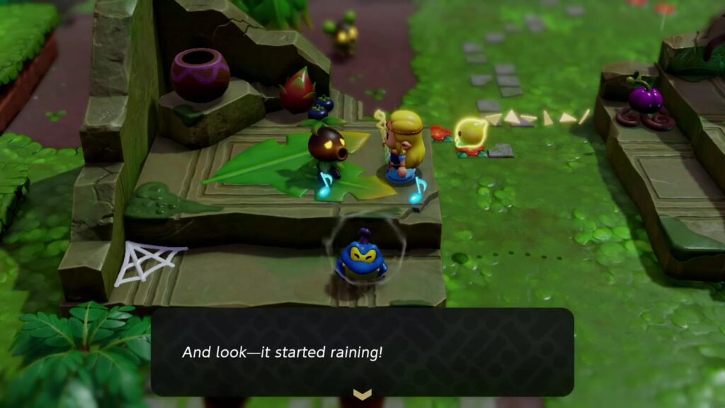 A Rift in the Faron Wetlands - The Legend of Zelda: Echoes of Wisdom Walkthrough 17 Zelda's Drippitune echo croaks and starts the rain for the researcher Scrub in The Rain-Making Monster.