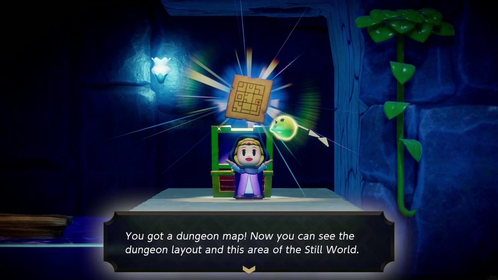 Zelda holds up the Dungeon Map from the ledge chest, with its "You got a dungeon map!" text box.