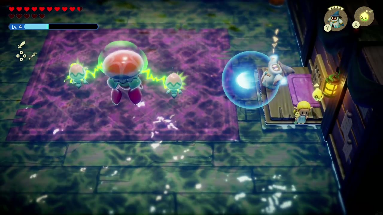 The Jabul Waters Rift - The Legend of Zelda: Echoes of Wisdom Walkthrough 104 Zelda stands on the wooden ledge while a summoned echo attacks the electric jellyfish mini-boss.